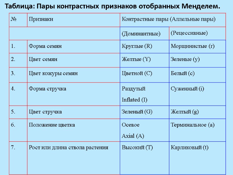 Таблица: Пары контрастных признаков отобранных Менделем.